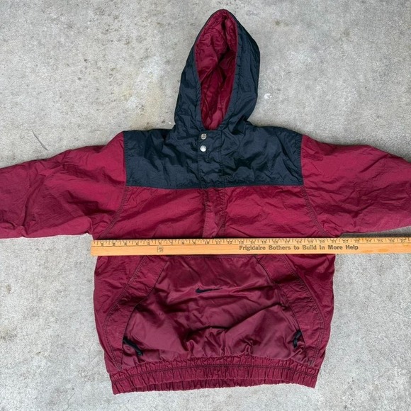 Vintage 90's Nike Puffer Hooded Jacket Burgundy Black Streetwear Medium - Picture 7 of 8